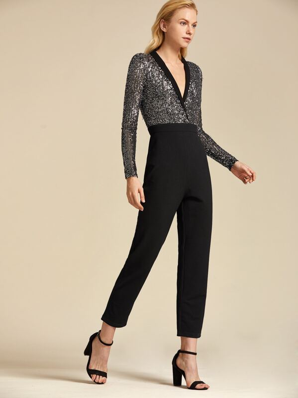 

Premium Shawl Collar Mesh Sequin Bodice Jumpsuit, Black, Denisa