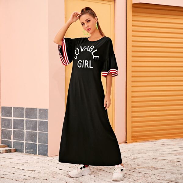 

Slogan Print Striped Ruffle Cuff Dress, Black