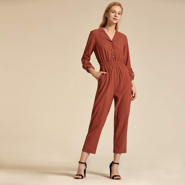 

Premium Notch Collar Shirred Waist Rolled Tab Sleeve Jumpsuit, Red