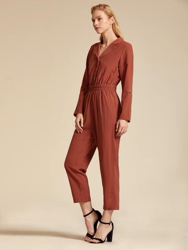 

Premium Notch Collar Shirred Waist Rolled Tab Sleeve Jumpsuit, Red, Denisa