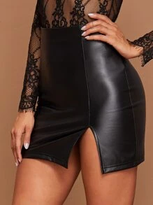 SHEIN Privé 前開衩皮革鉛筆半身裙 - 黑色 - 查看 1