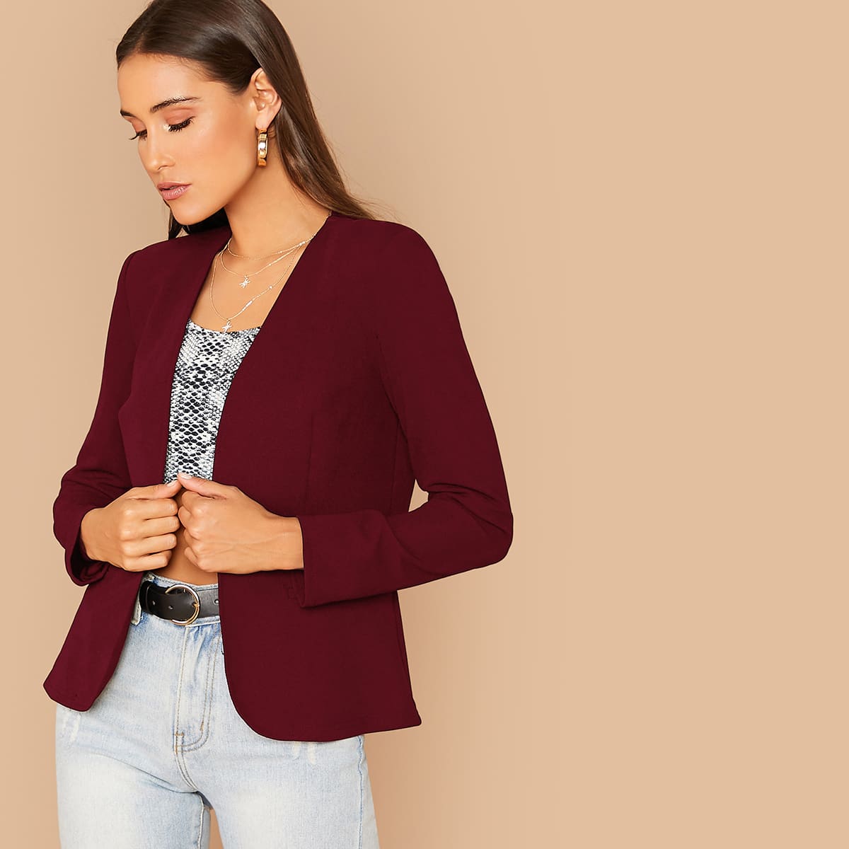 

Open Front Solid Blazer, Burgundy