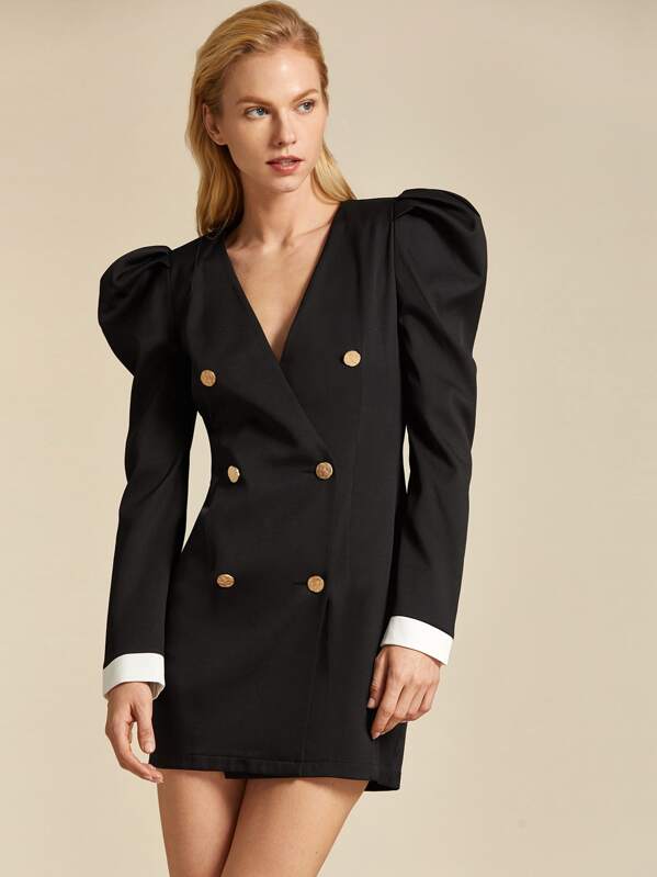 

Premium Double Breasted Puff Sleeve Contrast Cuff Blazer Dress, Black, Denisa