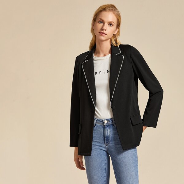 

Premium Notched Collar Contrast Pearls Tape Blazer, Black