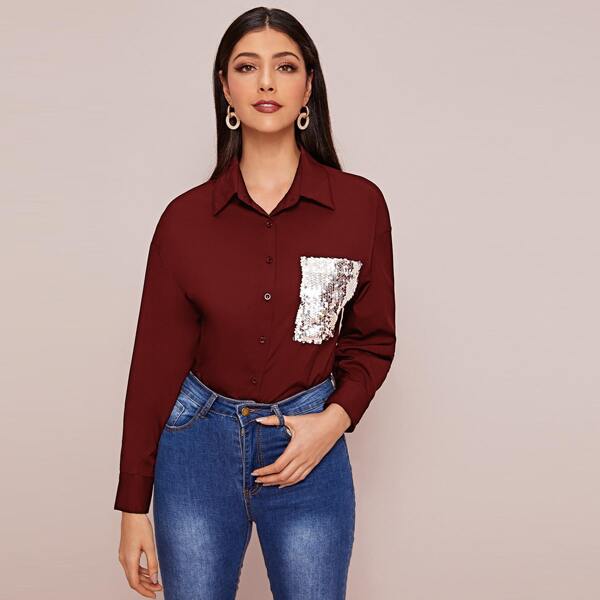 

Sequin Patched Shirt, Burgundy