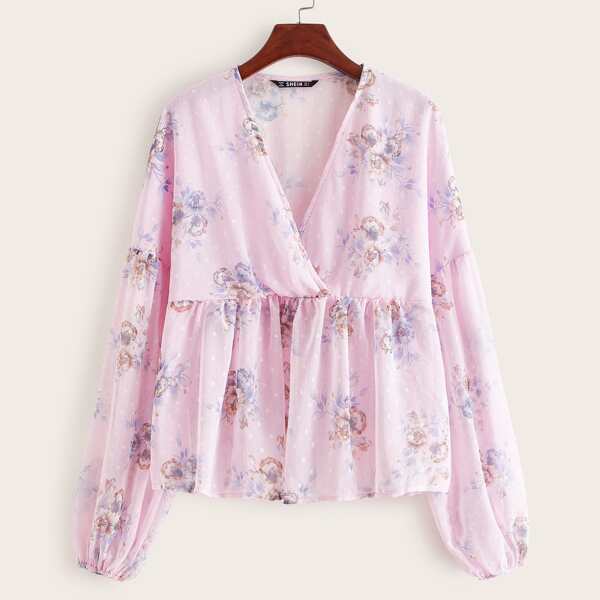 

Lantern Sleeve Floral Print Semi Sheer Smock Top, Pink pastel