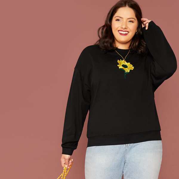 

Plus Drop Shoulder Embroidered Sweatshirt, Black