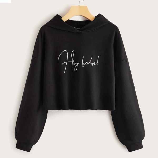 Slogan Graphic Drop Shoulder Hoodie, Black