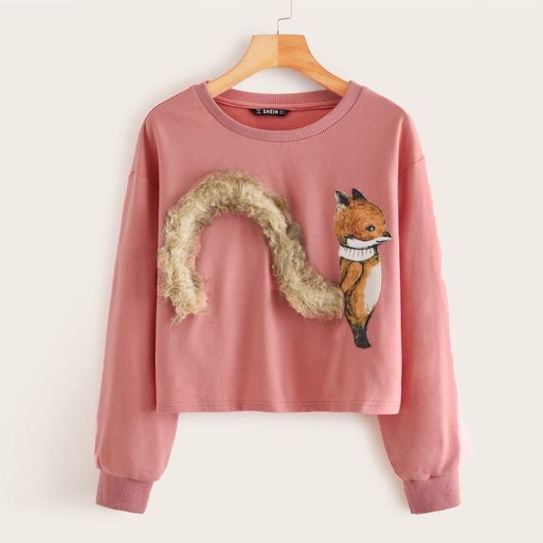 

Cartoon Patched Faux Fur Embellished Pullover, Pink