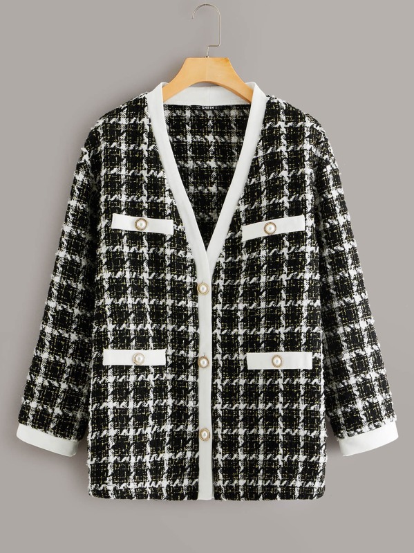 

Contrast Trim Open Front Tweed Coat, Black and white, Lisi Witt