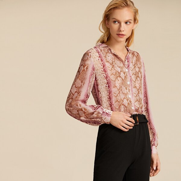 

Premium Notched Collar Snakeskin Pattern Shirt, Multicolor