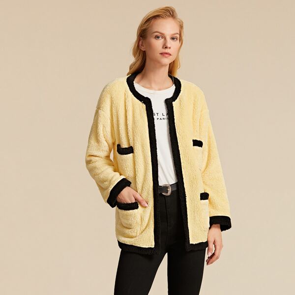 

Premium Contrast Trim Pocket Detail Teddy Coat, Yellow