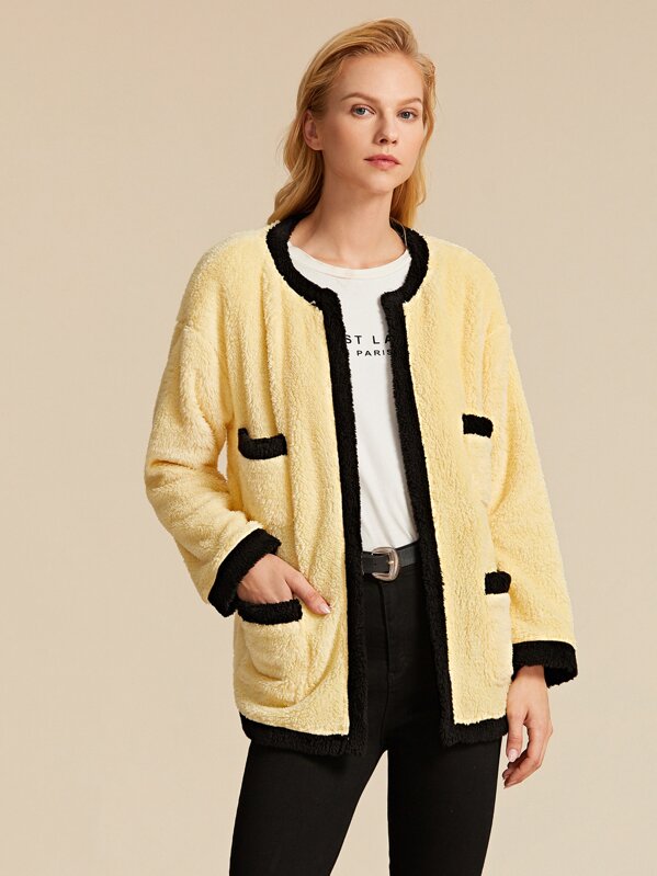 

Premium Contrast Trim Pocket Detail Teddy Coat, Yellow, Denisa