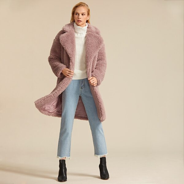 

Premium Notch Collar Open Front Teddy Coat, Pink pastel