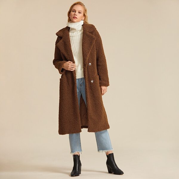 

Premium Patch Pocket Front Hidden Placket Teddy Coat, Brown