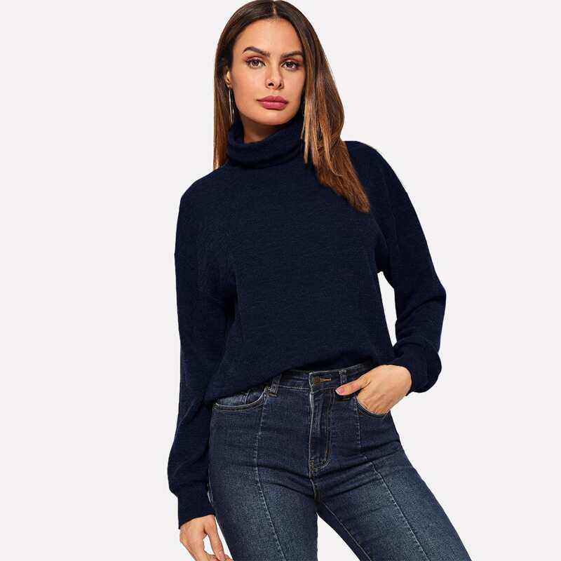 

Drop Shoulder Turtle Neck Pullover, Navy