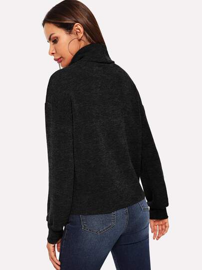 High Neck Ribbed Black Sweatshirt