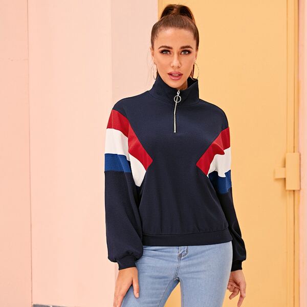 

Zip Half Placket Dolman Sleeve Colorblock Pullover, Navy