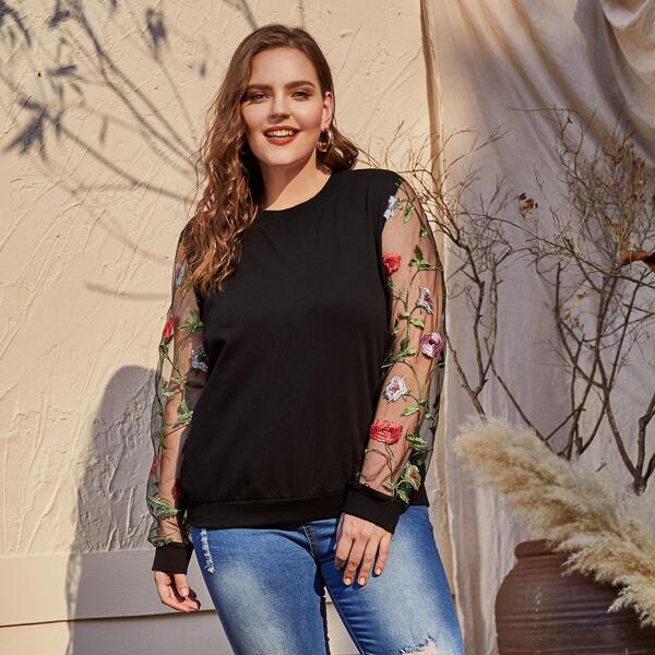 

Plus Embroidered Mesh Sleeve Sweatshirt, Black