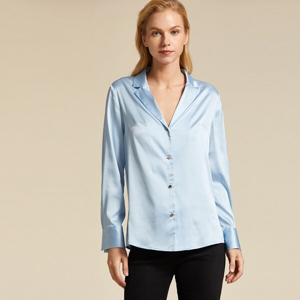 

Premium Notched Collar Satin Shirt, Blue pastel