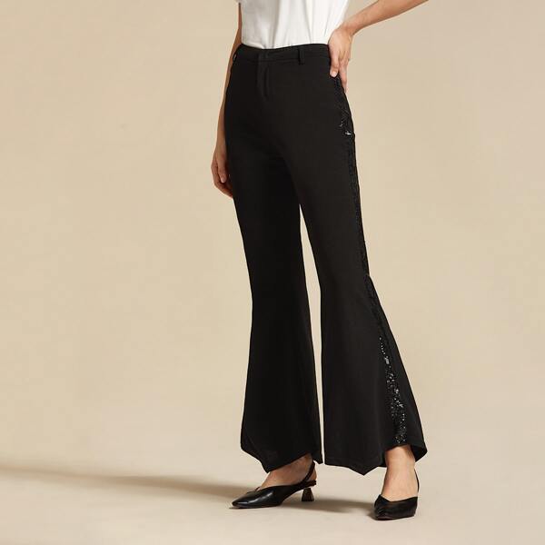 

Sequin Detail Flare Leg Pants, Black