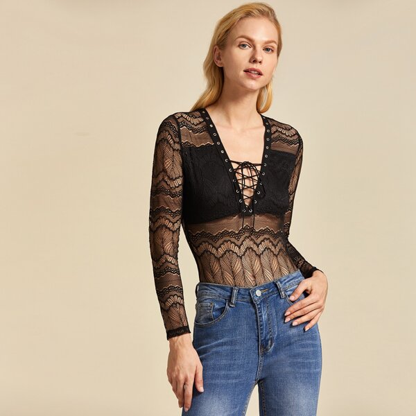 

Premium Lace Up Plunging Lace Bodysuit, Black
