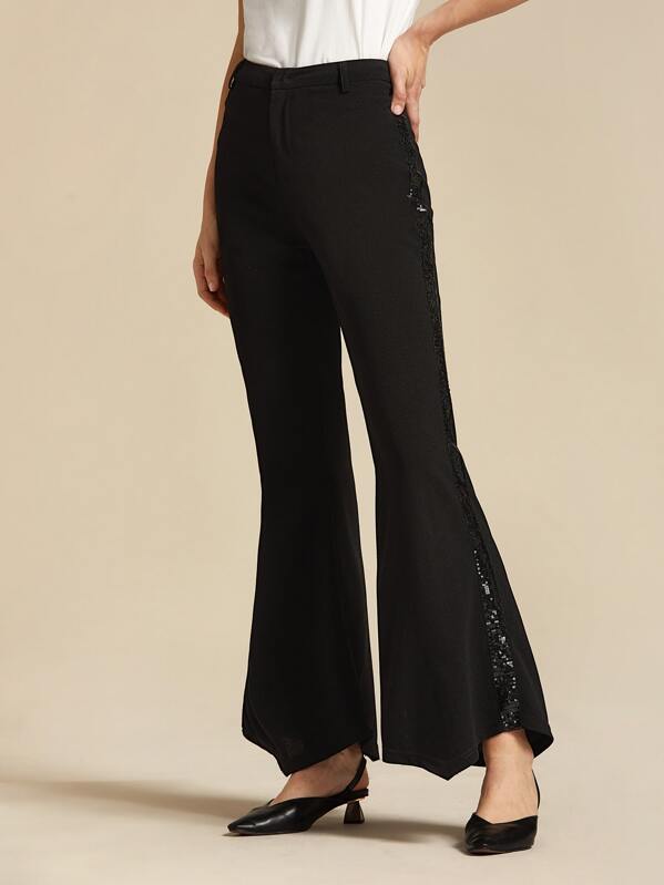 

Premium Sequin Detail Flare Leg Pants, Black, Denisa