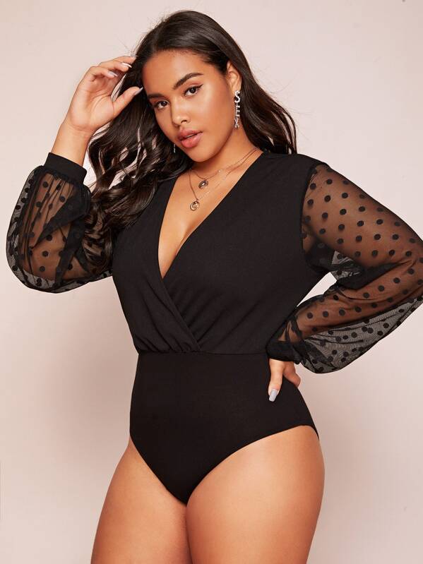 

Plus Plunging Neck Dobby Mesh Lantern Sleeve Bodysuit, Black, Emilie