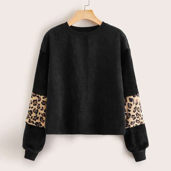 

Drop Shoulder Leopard Panel Corduroy Pullover, Black