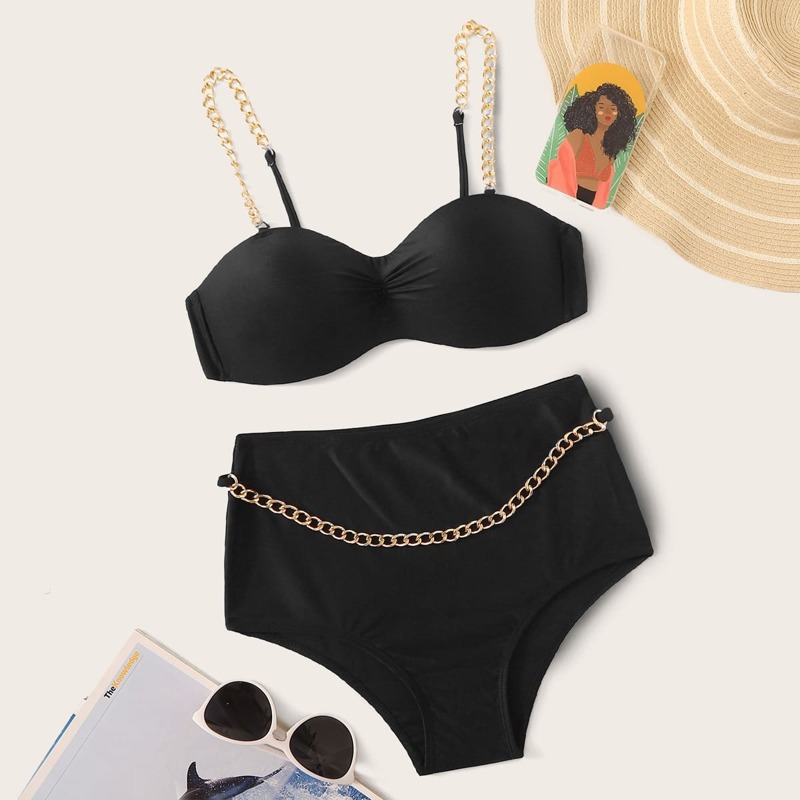 

Chain Detail Top With High Waist Bikini, Black