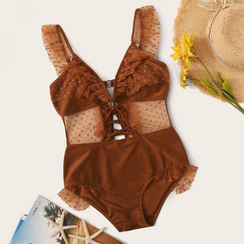 

Polka Dot Mesh Ruffle One Piece Swimwear, Brown