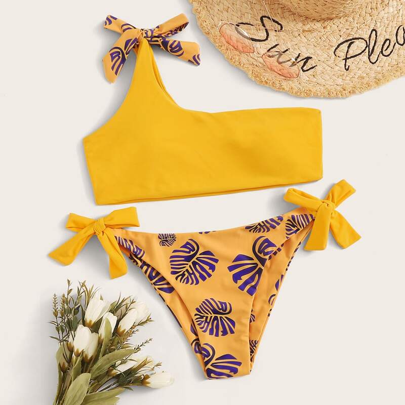

One Shoulder Top With Tropical Tie Side Bikini, Yellow