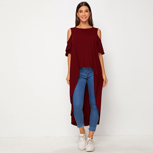 

Cold Shoulder High Low Hem Top, Burgundy