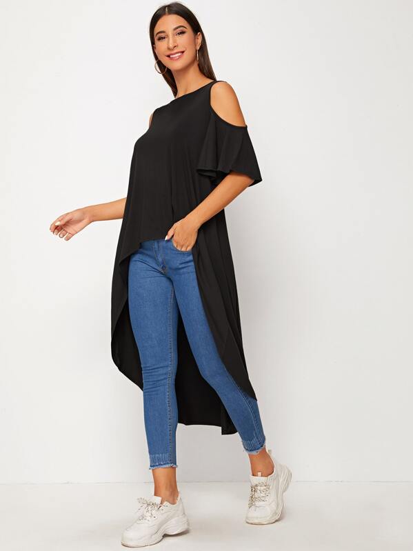 

Cold Shoulder Dip Hem Top, Black, Gabe