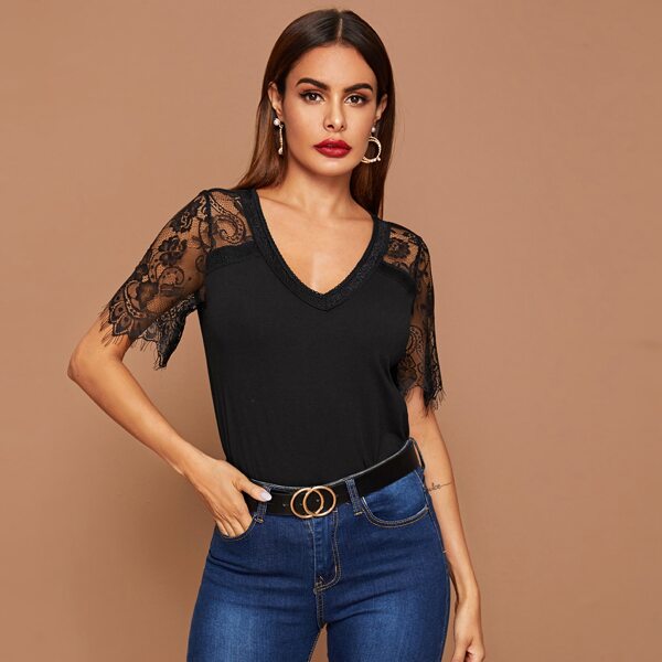 

V-neck Raglan Sleeve Lace Detail Tee, Black