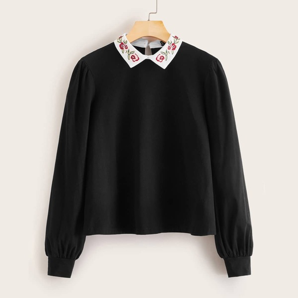 

Contrast Embroidered Collar Keyhole Back Top, Black