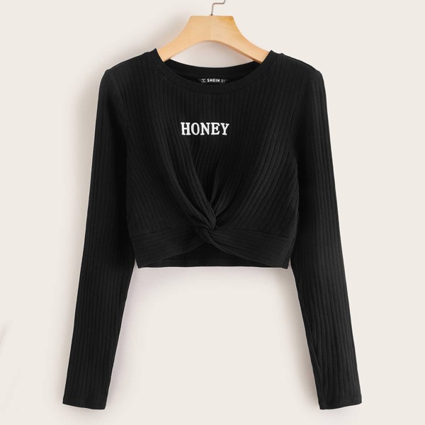 

Letter Print Twist Hem Rib-knit Crop Tee, Black