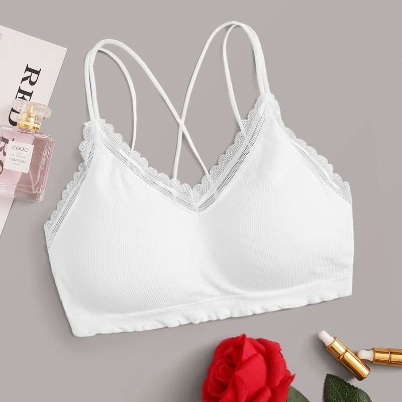 

Lace Trim Crisscross Bralette, White
