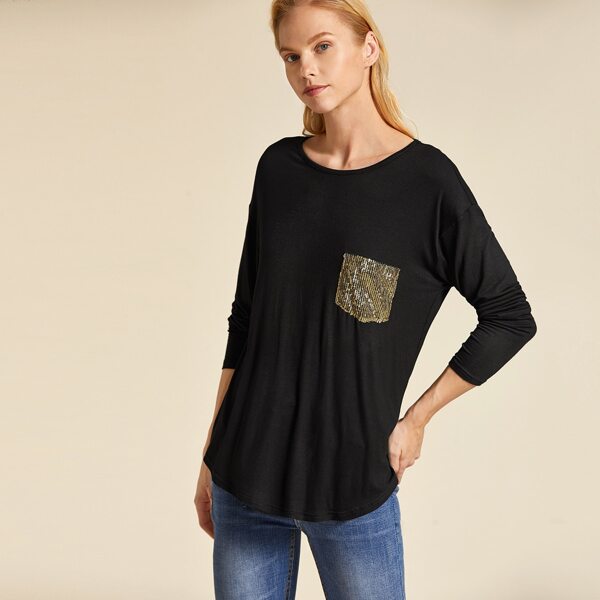 

Sequin Pocket Front Curved Hem Top, Black