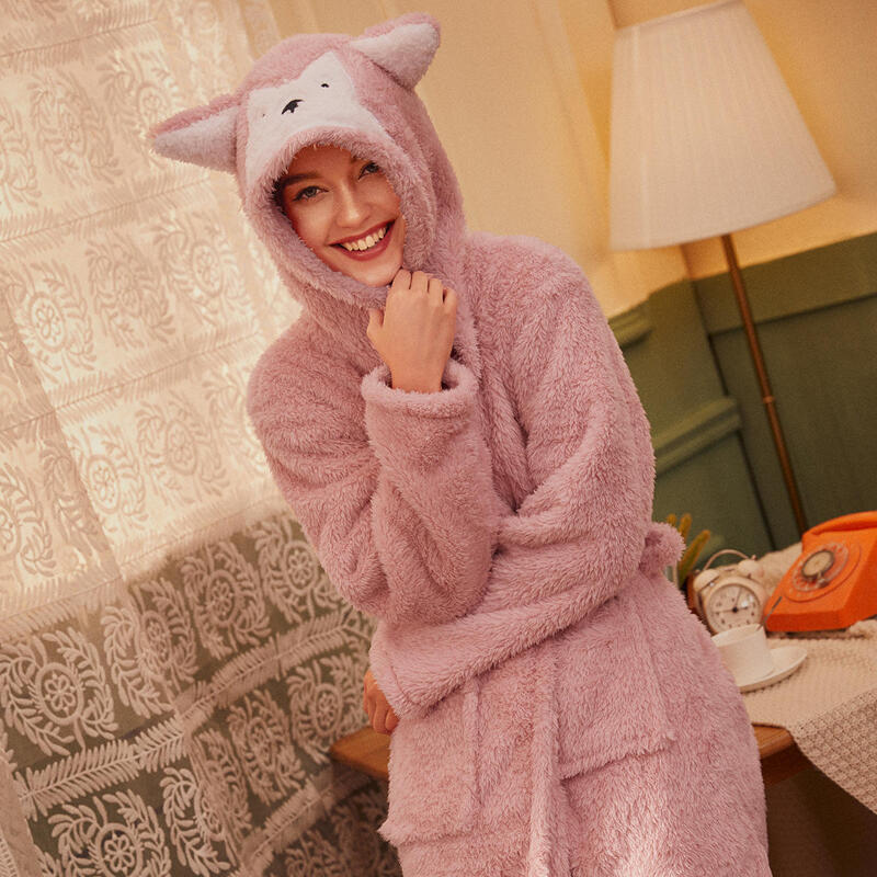 

Plush Fox Hooded Robe With Belt, Pink