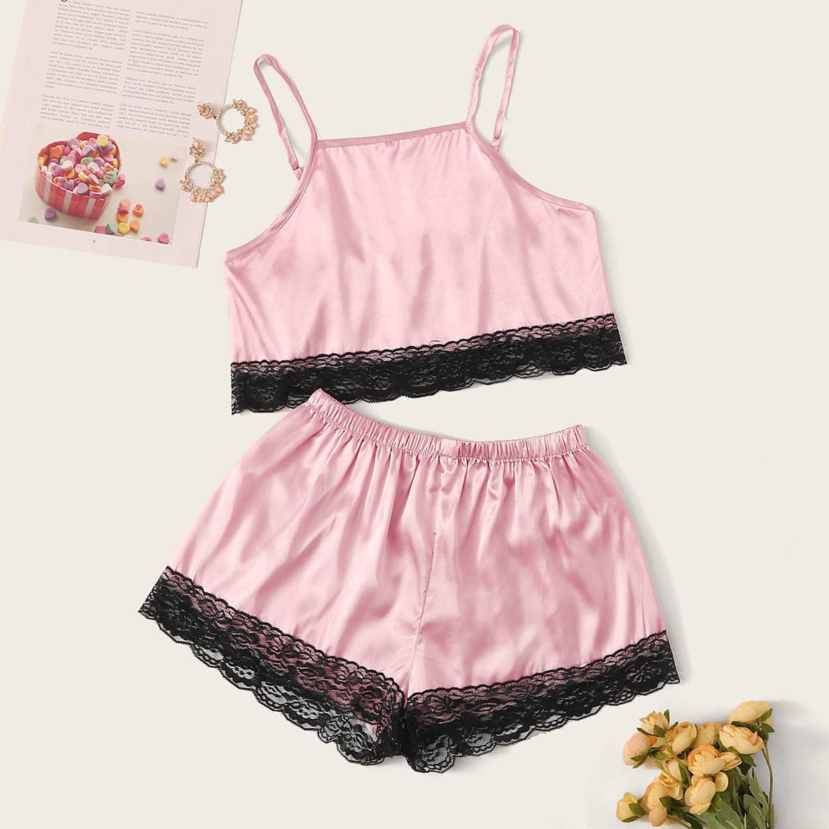 

Lace Trim Satin Cami PJ Set, Pink