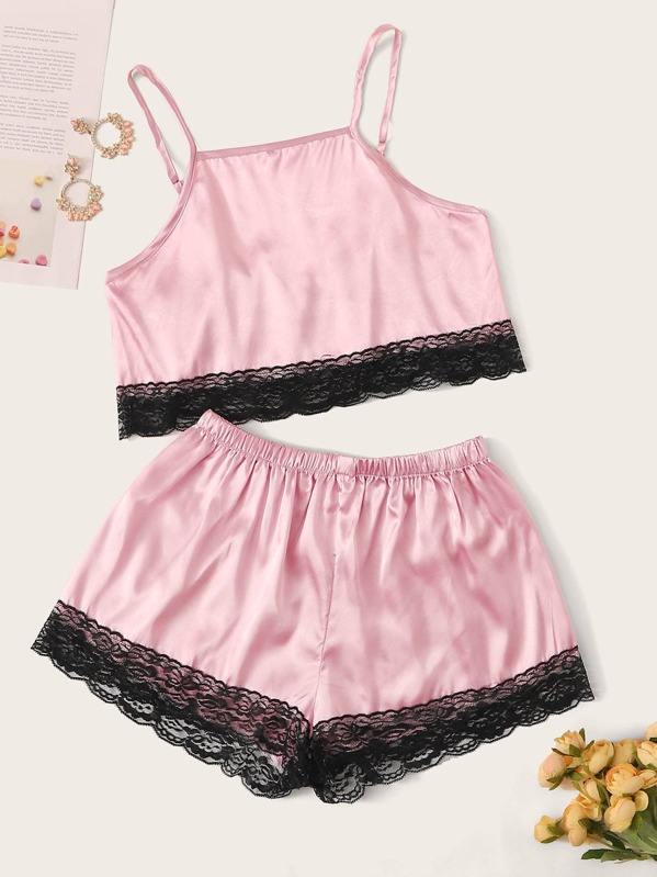 

Lace Trim Satin Cami PJ Set, Pink