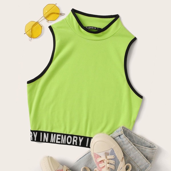 

Neon Lime Contrast Binding Letter Tape Hem Top, Green bright