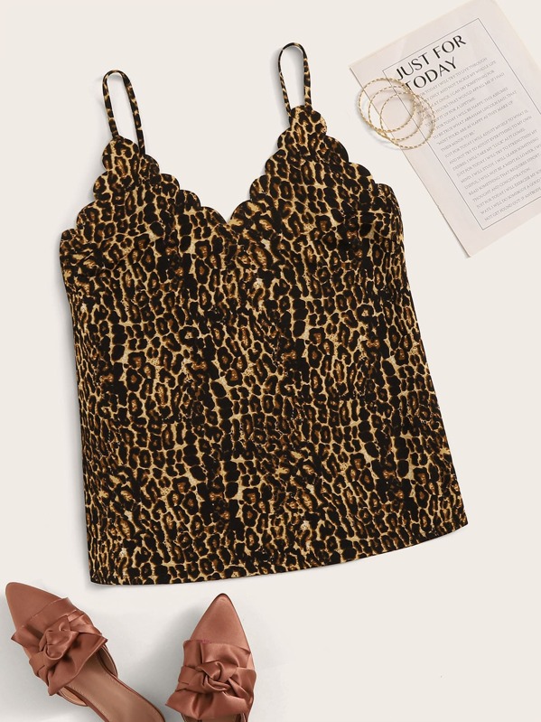 

Plus Scallop Trim Leopard Cami Top, Multicolor