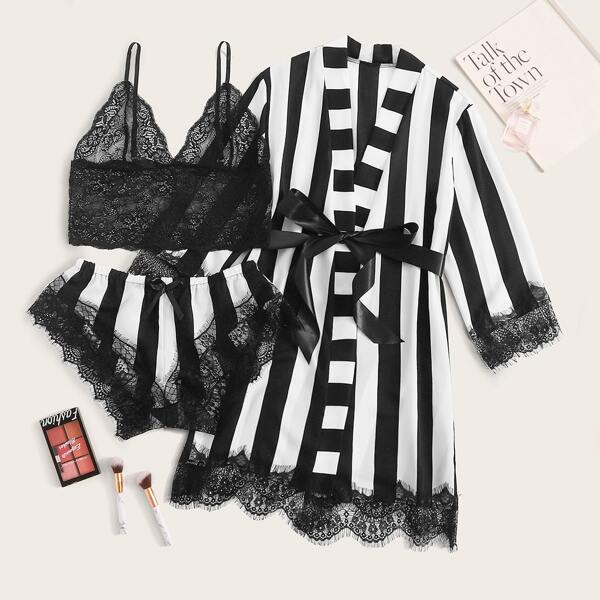 

Floral Lace Bralette With Striped Shorts & Belted Robe, Black and white