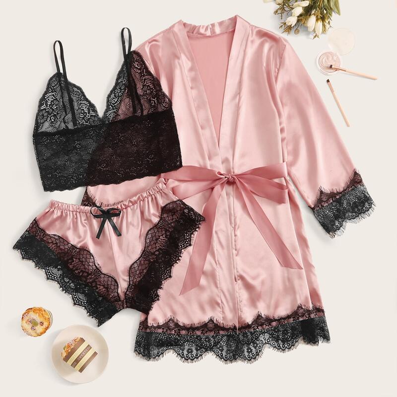 

Floral Lace Bralette With Satin Shorts & Belted Robe, Baby pink