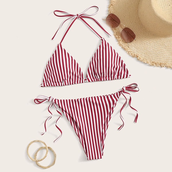 

Striped Triangle Top With Tie Side Bikini, Red