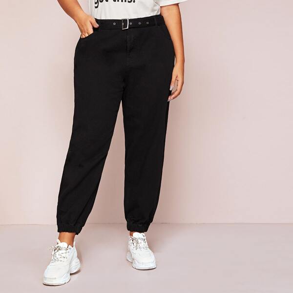 

Plus Buckle Belted Tapered Jeans, Black