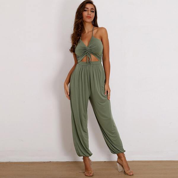 

Joyfunear Drawstring Front Peekaboo Halter Jumpsuit, Army green