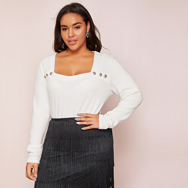 

Plus Sweetheart Neck Button Detail Sweater, White